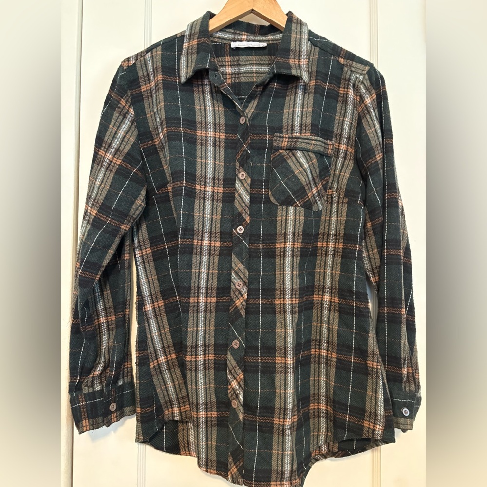 Men's Plaid Button-Up Shirt - Green and Orange